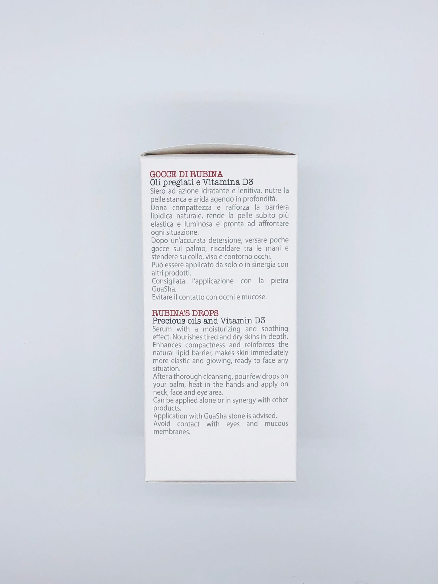 Picături Rubina 3 în 1 FAȚĂ, CORP, MÂINI de catifea (esență și ser) hidratant și reconfortant. Uleiuri prețioase și vitamina D3. Vegan ok, fara parabeni. Produse realizate manual în Italia